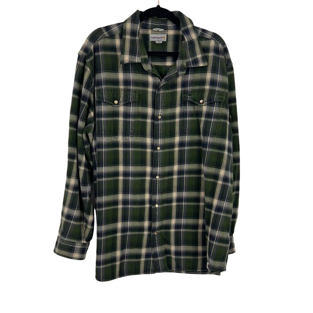 Carthartt Green Plaid Flannel Casual Button Down Shirt Relaxed Fit Men's 2XL